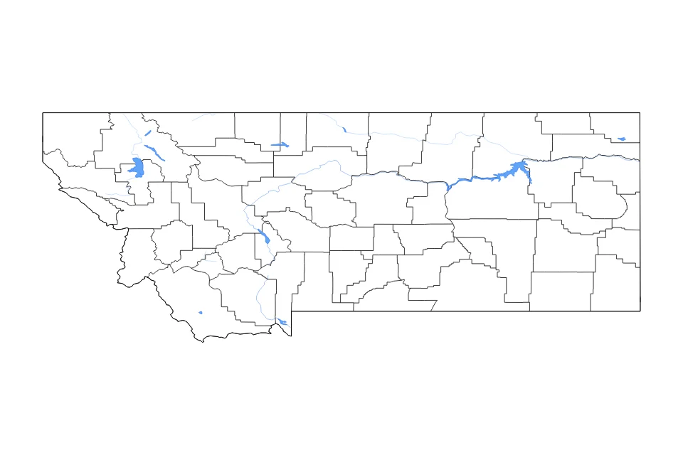 Carte de Montana de type contour, subdivisions, lacs et rivières pour Amérique du Nord, montrant contour, subdivisions, lacs et rivières avec des éléments hydrographiques comme Fort Peck Lake, Flathead Lake, et Canyon Ferry Lake.
