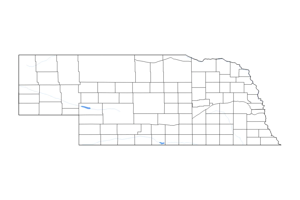 Mapa de Nebraska de tipo contorno, subdivisiones, lagos y ríos para América del Norte, con contorno, subdivisiones, lagos y ríos con elementos de agua como Lake McConaughy y Harlan County Lake.