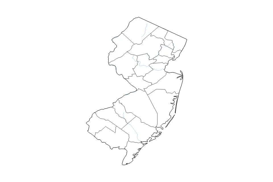 Mapa de New Jersey de tipo contorno, subdivisiones y ríos para América del Norte, con contorno, subdivisiones y ríos con límites limpios.