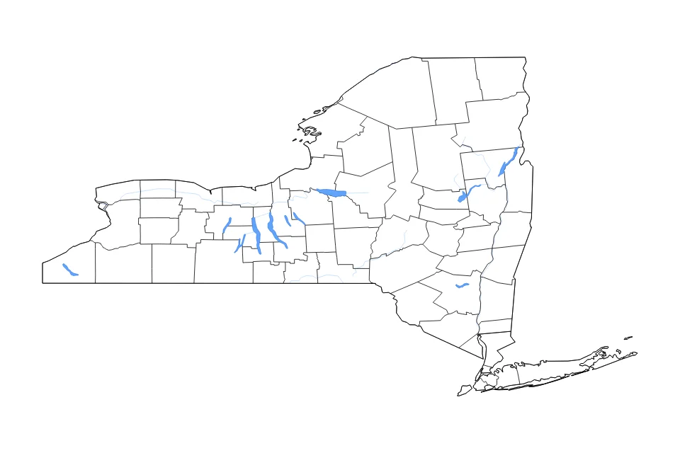 Mapa de New York de tipo contorno, subdivisiones, lagos y ríos para América del Norte, con contorno, subdivisiones, lagos y ríos con elementos de agua como Oneida Lake, Cayuga Lake, y Seneca Lake.