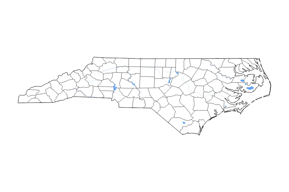 Mapa de North Carolina de tipo contorno, subdivisiones, lagos y ríos para América del Norte, con contorno, subdivisiones, lagos y ríos con elementos de agua como Lake Mattamuskeet, Lake Norman, y Phelps Lake.