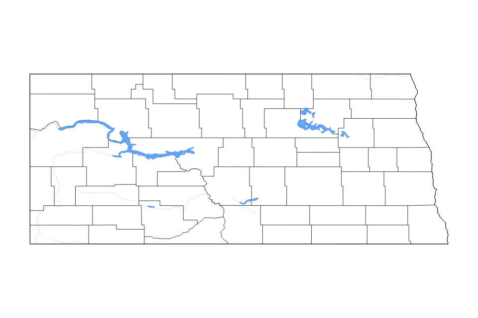 Mapa de North Dakota de tipo contorno, subdivisiones, lagos y ríos para América del Norte, con contorno, subdivisiones, lagos y ríos con elementos de agua como Lake Sakakawea, Audubon Lake, Devils Lake, East Devils Lake, y Lake Irvine, Lake Alice, Chain Lake, Mikes Lake.