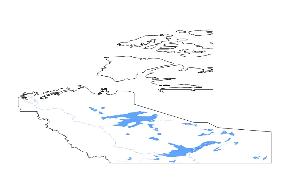 Mapa de Northwest Territories de tipo contorno, subdivisiones, lagos y ríos para América del Norte, con contorno, subdivisiones, lagos y ríos con elementos de agua como Great Bear Lake, Great Slave Lake, y Lac la Martre.