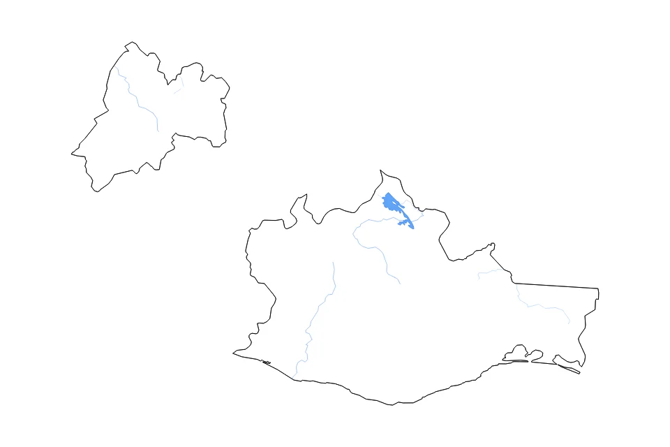 Mapa de Oaxaca de tipo contorno, lagos y ríos para América del Norte, con contorno, lagos y ríos con elementos de agua como Presa Miguel Alemán.