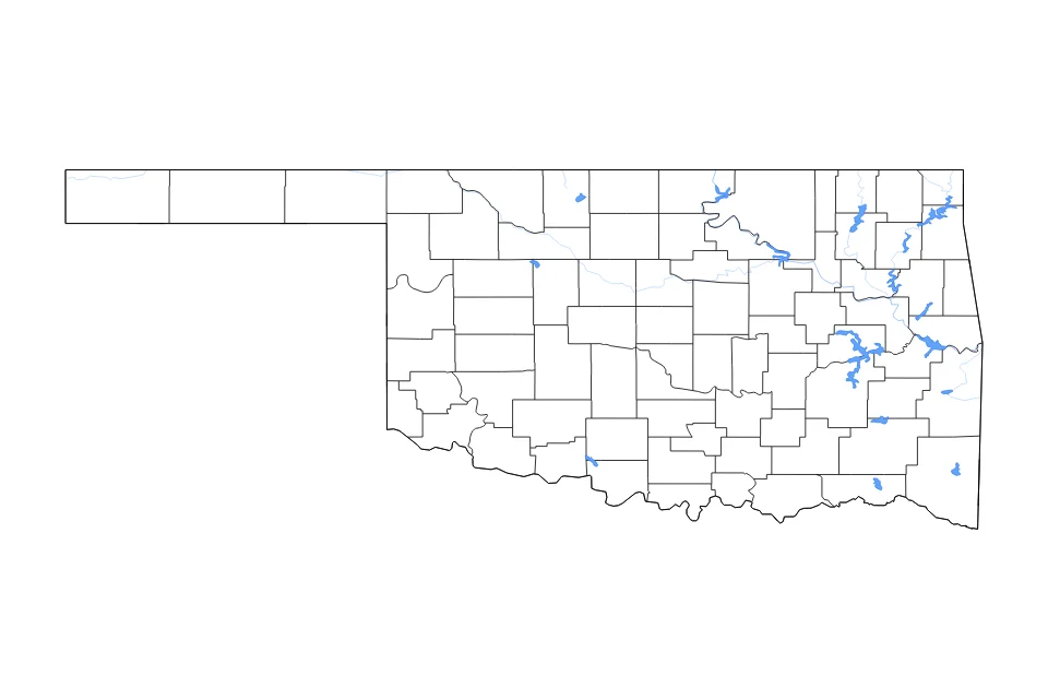 Mapa de Oklahoma de tipo contorno, subdivisiones, lagos y ríos para América del Norte, con contorno, subdivisiones, lagos y ríos con elementos de agua como Eufaula Lake, Lake O' The Cherokees, y Robert S Kerr Reservoir.