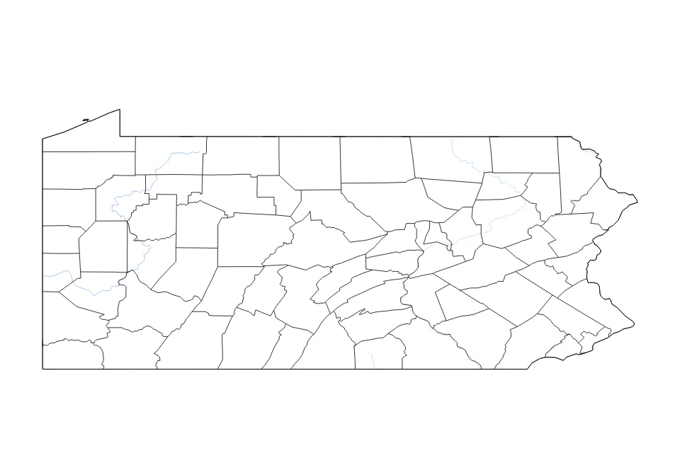 Mapa de Pennsylvania de tipo contorno, subdivisiones y ríos para América del Norte, con contorno, subdivisiones y ríos con límites limpios.