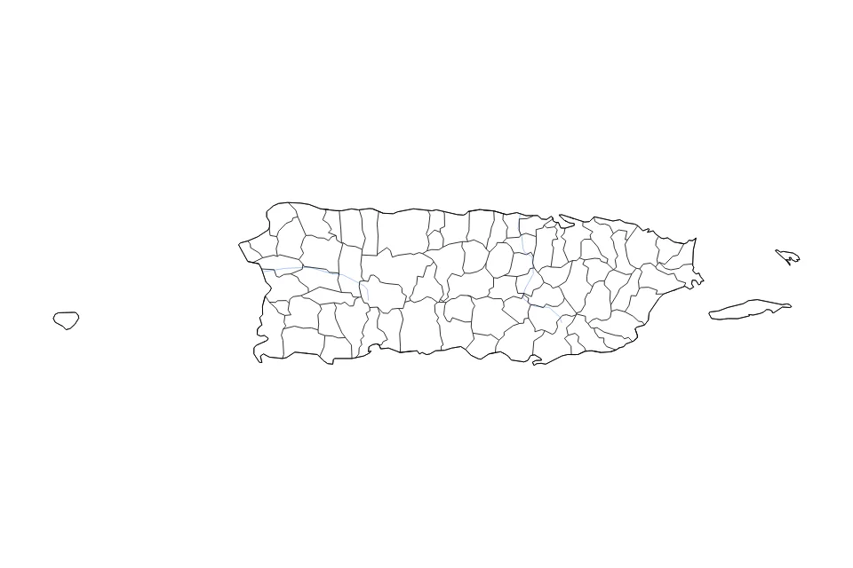 Mapa de Puerto Rico de tipo contorno, subdivisiones y ríos para América del Norte, con contorno, subdivisiones y ríos con límites limpios.