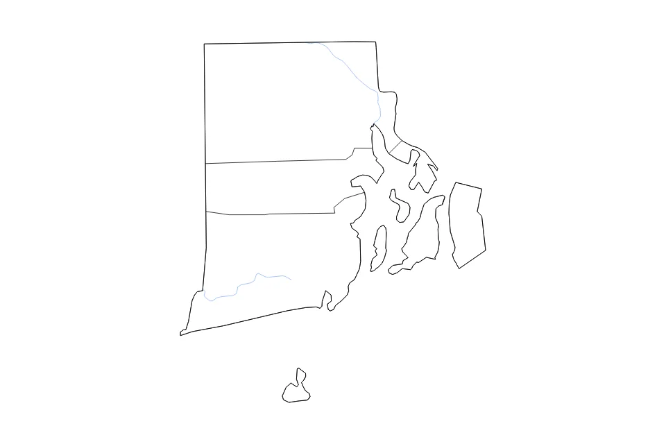 Mapa de Rhode Island de tipo contorno, subdivisiones y ríos para América del Norte, con contorno, subdivisiones y ríos con límites limpios.