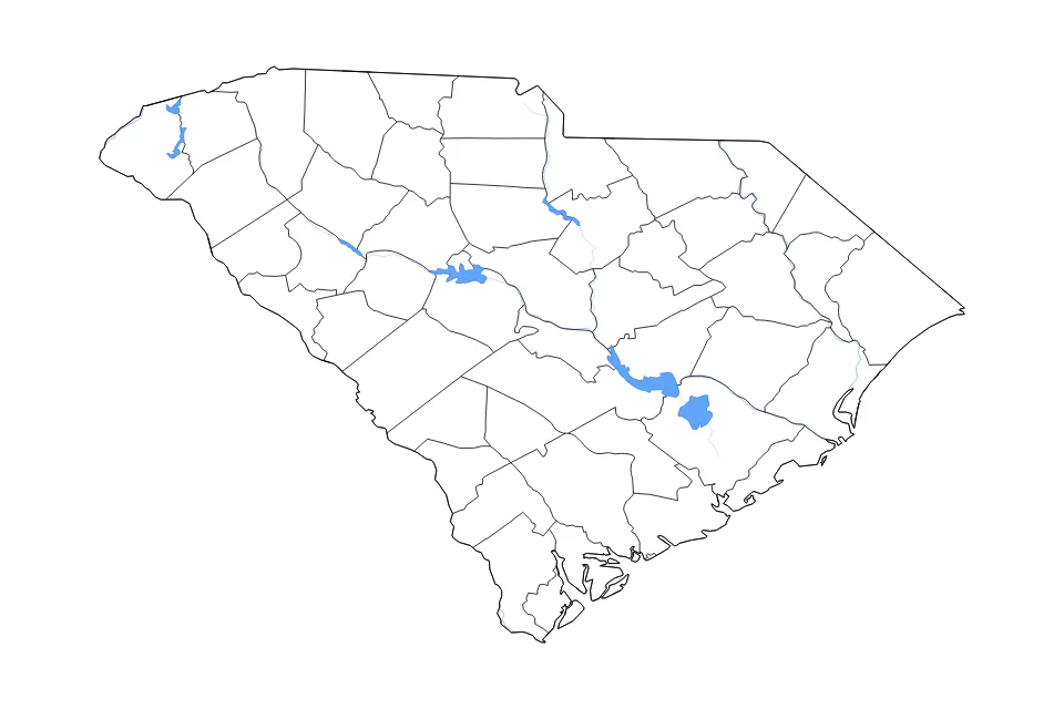 Mapa de South Carolina de tipo contorno, subdivisiones, lagos y ríos para América del Norte, con contorno, subdivisiones, lagos y ríos con elementos de agua como Lake Marion, Lake Moultrie, y Lake Murray.