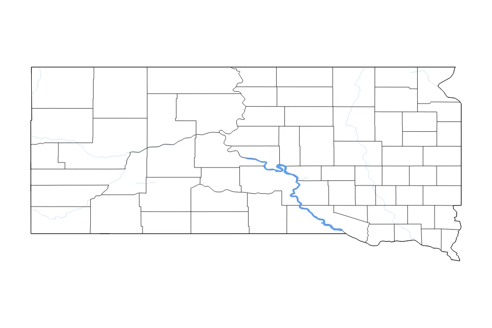 Mapa de South Dakota de tipo contorno, subdivisiones, lagos y ríos para América del Norte, con contorno, subdivisiones, lagos y ríos con elementos de agua como Lake Francis Case y Lake Sharpe.
