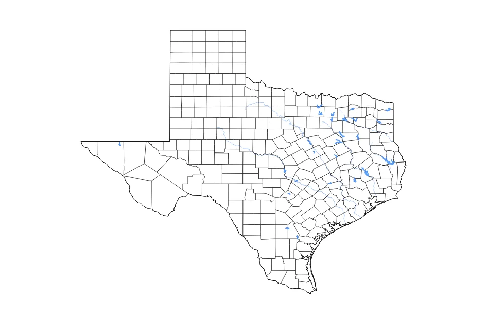 Carte de Texas de type contour, subdivisions, lacs et rivières pour Amérique du Nord, montrant contour, subdivisions, lacs et rivières avec des éléments hydrographiques comme Sam Rayburn Reservoir, Lake Livingston, et Richland Chambers Reservoir.