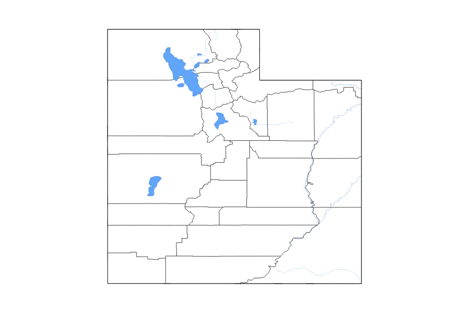 Mapa de Utah de tipo contorno, subdivisiones, lagos y ríos para América del Norte, con contorno, subdivisiones, lagos y ríos con elementos de agua como Great Salt Lake, Sevier Lake, y Utah Lake.