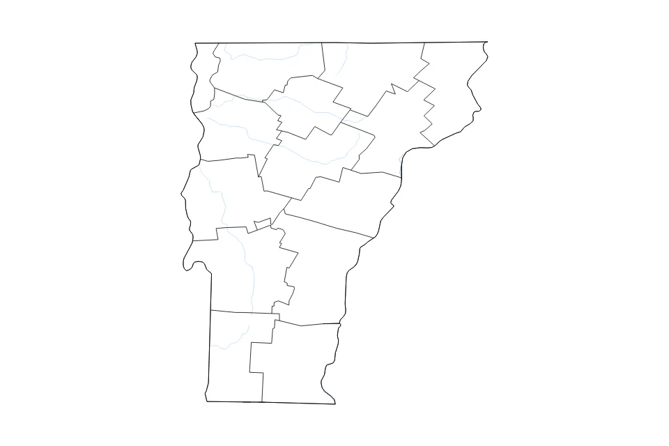 Carte de Vermont de type contour, subdivisions et rivières pour Amérique du Nord, montrant contour, subdivisions et rivières avec des limites nettes.