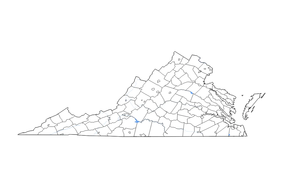 Mapa de Virginia de tipo contorno, subdivisiones, lagos y ríos para América del Norte, con contorno, subdivisiones, lagos y ríos con elementos de agua como Smith Mountain Lake, Lake Anna, y Lake Drummond.