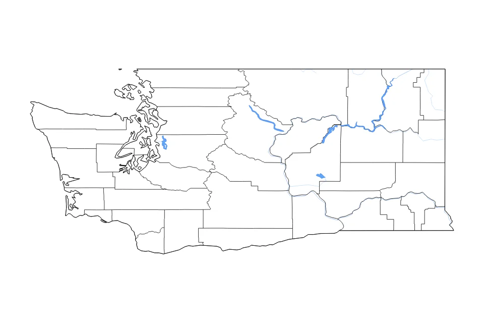 Mapa de Washington de tipo contorno, subdivisiones, lagos y ríos para América del Norte, con contorno, subdivisiones, lagos y ríos con elementos de agua como Franklin D. Roosevelt Lake, Lake Chelan, y Banks Lake.