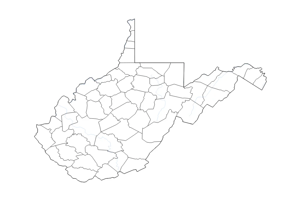 Mapa de West Virginia de tipo contorno, subdivisiones y ríos para América del Norte, con contorno, subdivisiones y ríos con límites limpios.