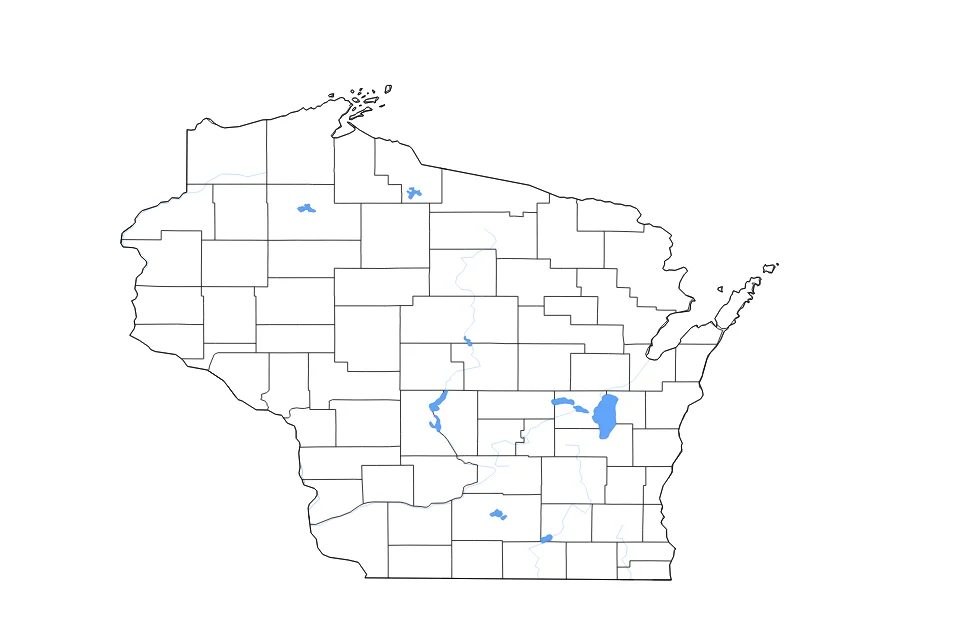 Carte de Wisconsin de type contour, subdivisions, lacs et rivières pour Amérique du Nord, montrant contour, subdivisions, lacs et rivières avec des éléments hydrographiques comme Lake Winnebago, Petenwell Lake, et Lake Poygan, Lake Winneconne.