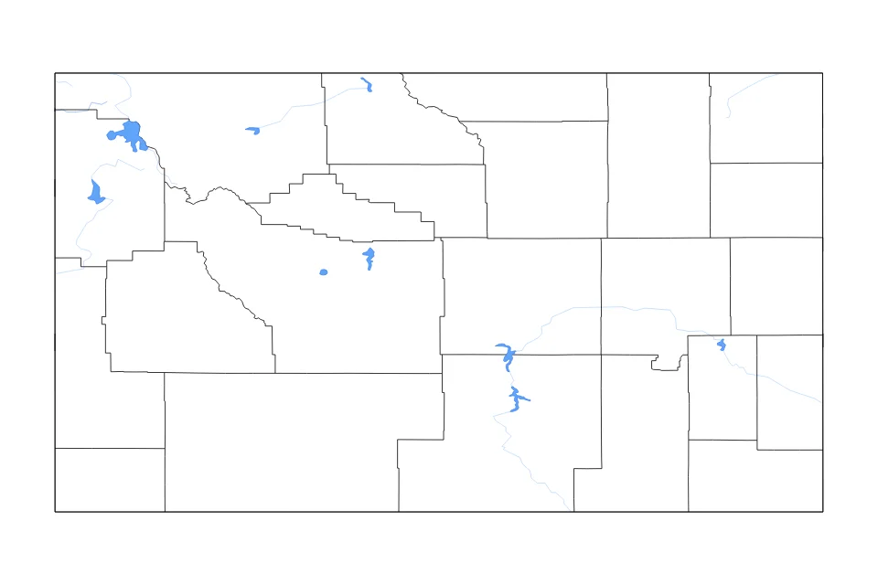 Carte de Wyoming de type contour, subdivisions, lacs et rivières pour Amérique du Nord, montrant contour, subdivisions, lacs et rivières avec des éléments hydrographiques comme Yellowstone Lake, Jackson Lake, et Pathfinder Reservoir.