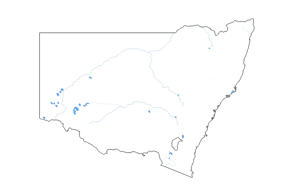 Carte de New South Wales de type contour, lacs et rivières pour Océanie, montrant contour, lacs et rivières avec des éléments hydrographiques comme Garnpung Lake, Lake Tandou, et Lake George.