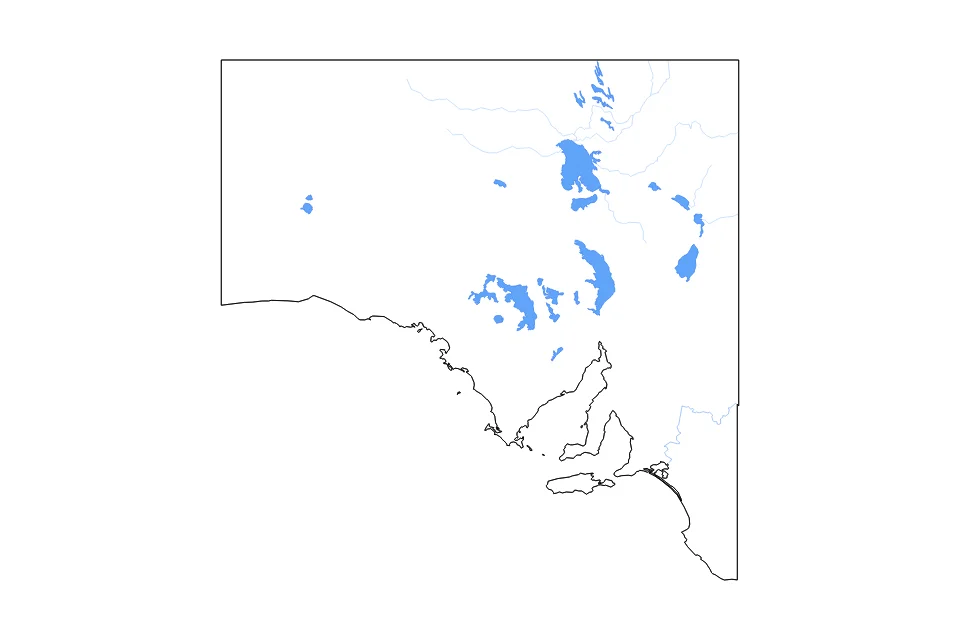 Carte de South Australia de type contour, lacs et rivières pour Océanie, montrant contour, lacs et rivières avec des éléments hydrographiques comme Lake Eyre North, Lake Torrens, et Lake Gairdner.
