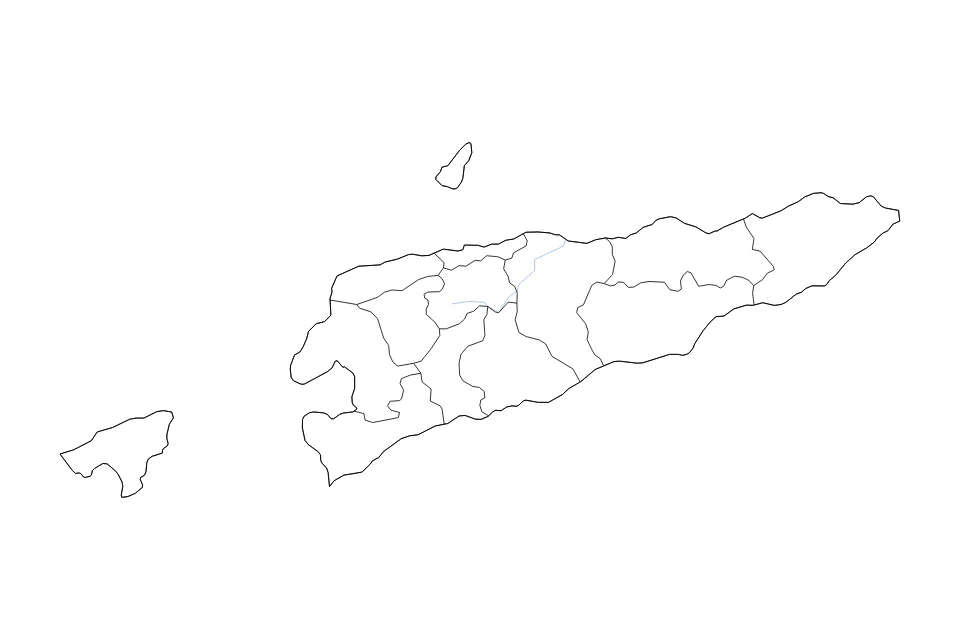 Mapa de Timor Leste de tipo contorno, subdivisiones y ríos para Oceanía, con contorno, subdivisiones y ríos con límites limpios.