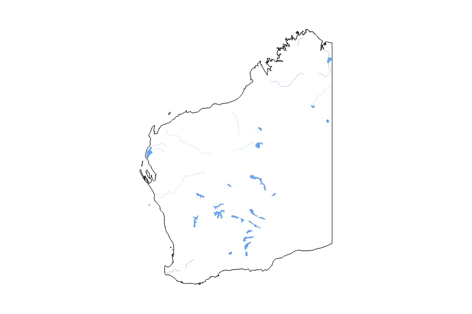 Carte de Western Australia de type contour, lacs et rivières pour Océanie, montrant contour, lacs et rivières avec des éléments hydrographiques comme Lake Macleod, Lake Barlee, et Lake Carnegie.