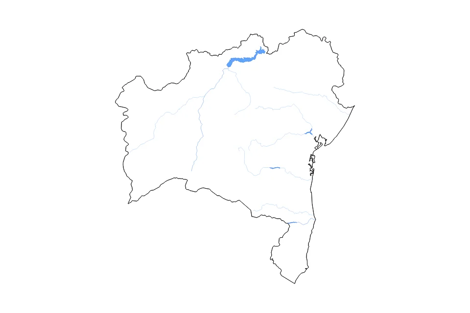 Mapa de Bahia de tipo contorno, lagos y ríos para América del Sur, con contorno, lagos y ríos con elementos de agua como Represa de Sobradinho, Lago da Barragem Pedra do Cavalo, y Reservatório da Usina Hidrelétrica de Pedra.