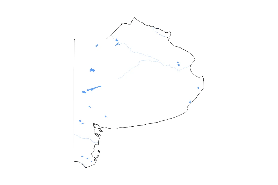 Mapa de Buenos Aires Province de tipo contorno, subdivisiones, lagos y ríos para América del Sur, con contorno, subdivisiones, lagos y ríos con elementos de agua como Laguna del Monte, Lago Epecuén, y Laguna Las Tunas Grandes.