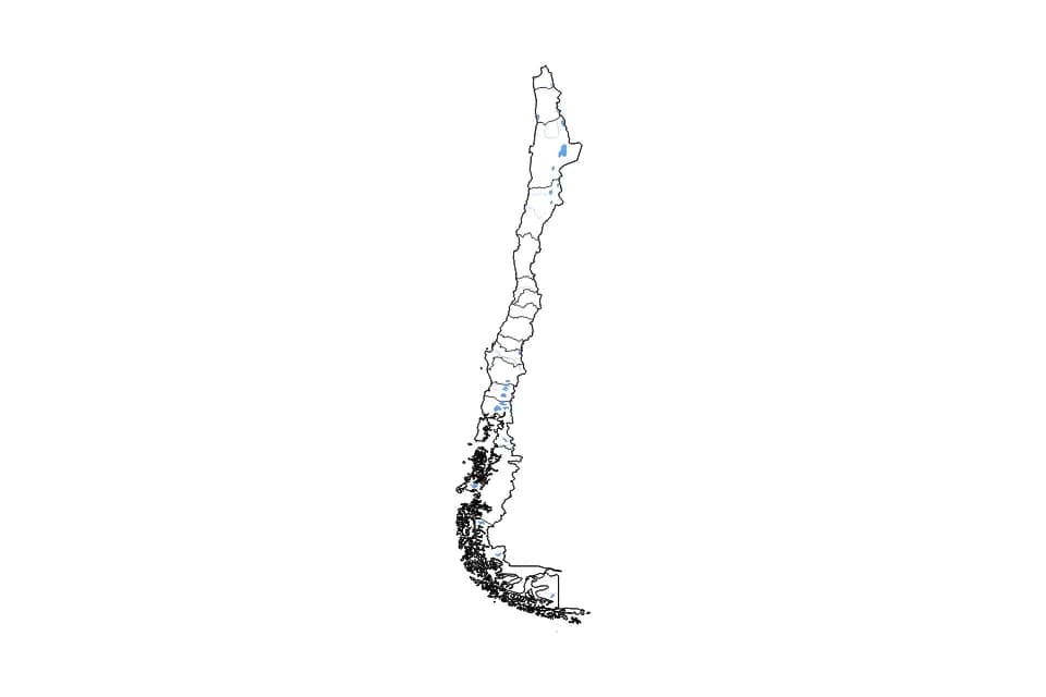 Mapa de Chile de tipo contorno, subdivisiones, lagos y ríos para América del Sur, con contorno, subdivisiones, lagos y ríos con elementos de agua como Salar de Atacama, Lago Llanquihue, y Lago Ranco.