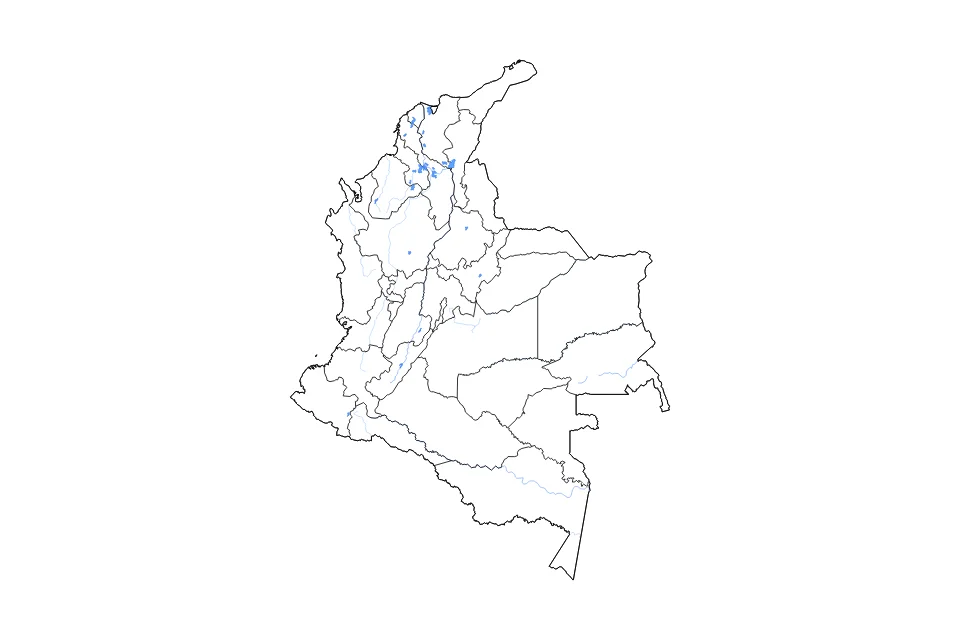 Mapa de Colombia de tipo contorno, subdivisiones, lagos y ríos para América del Sur, con contorno, subdivisiones, lagos y ríos con elementos de agua como Ciénaga de Zapatoza, Ciénaga La Solera, Ciénaga de Pajaral, y Ciénaga Iguana.