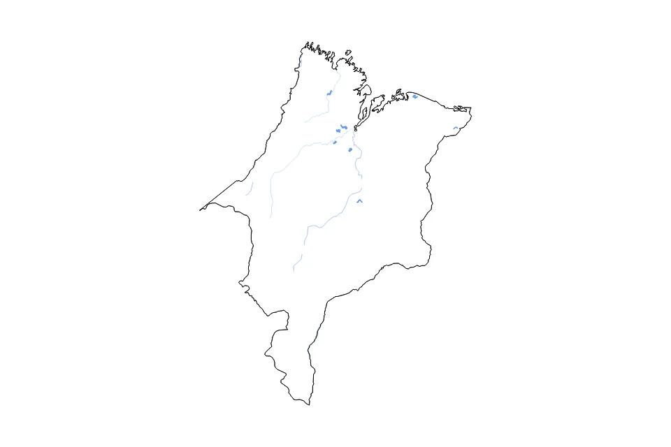 Carte de Maranhao de type contour, lacs et rivières pour Amérique du Sud, montrant contour, lacs et rivières avec des éléments hydrographiques comme Lago de Viana, Lago Santo Amaro, et Lagoa Cajari.