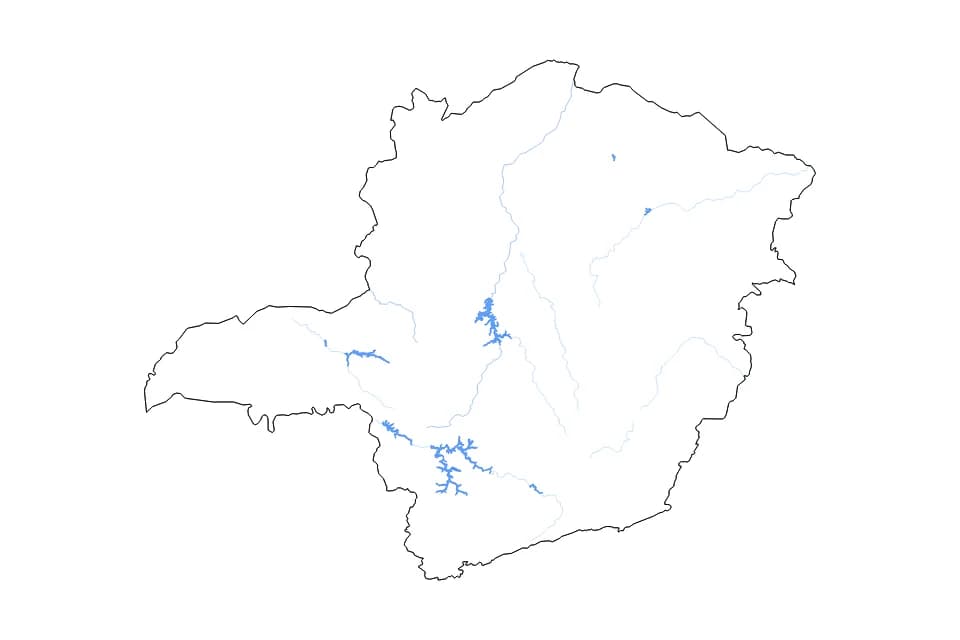 Mapa de Minas Gerais de tipo contorno, lagos y ríos para América del Sur, con contorno, lagos y ríos con elementos de agua como Represa de Furnas, Represa Três Marias, y Represa de Nova Ponte.