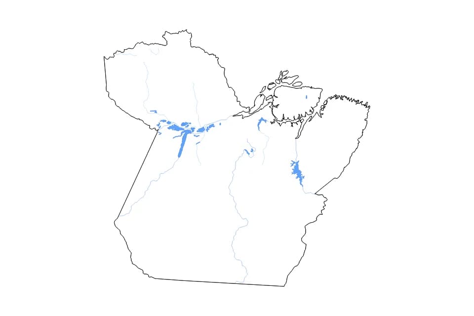 Mapa de Para de tipo contorno, lagos y ríos para América del Sur, con contorno, lagos y ríos con elementos de agua como Rio Tapajós, Rio Arapiuns, Respresa de Tucuruí, y Lago Grande do Curuai, Lago da Porta, Lago do Paranapitinga, Lago do Poção Grande, Lago do Salé.