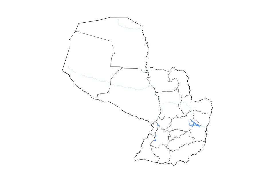 Carte de Paraguay de type contour, subdivisions, lacs et rivières pour Amérique du Sud, montrant contour, subdivisions, lacs et rivières avec des éléments hydrographiques comme Lago del Río Yguazú, Lago Ypacaraí, et Lago Verá.