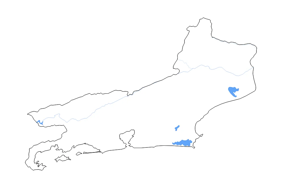 Carte de Rio De Janeiro de type contour, lacs et rivières pour Amérique du Sud, montrant contour, lacs et rivières avec des éléments hydrographiques comme Lagoa de Araruama, Lagoa Feia, et Represa de Juturnaíba.