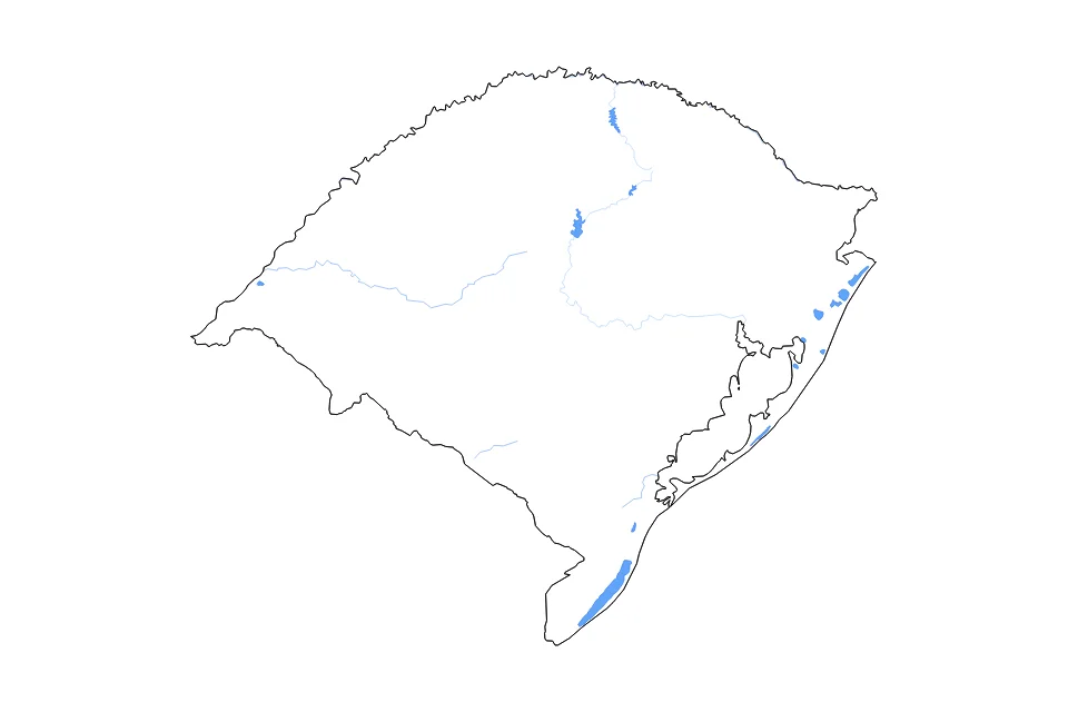 Mapa de Rio Grande Do Sul de tipo contorno, lagos y ríos para América del Sur, con contorno, lagos y ríos con elementos de agua como Lagoa Mangueira, Barragem Passo Real, y Lagoa Itapeva.