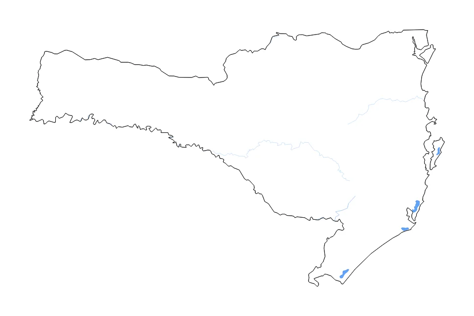 Mapa de Santa Catarina de tipo contorno, lagos y ríos para América del Sur, con contorno, lagos y ríos con elementos de agua como Lagoa do Mirim, Lagoa do Sombrio, y Lagoa da Garopaba do Sul.