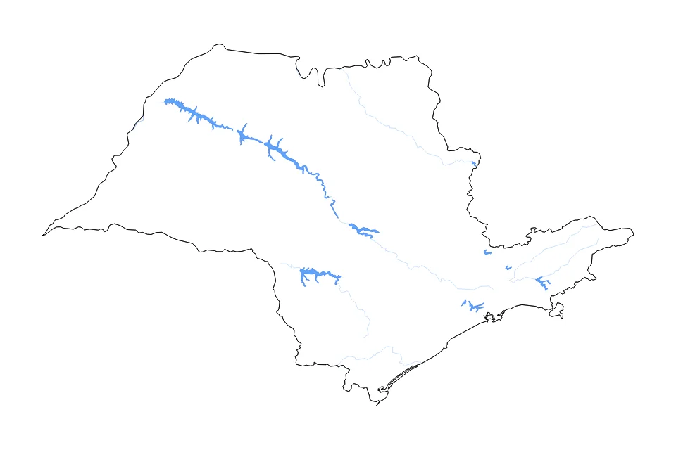 Carte de Sao Paulo de type contour, lacs et rivières pour Amérique du Sud, montrant contour, lacs et rivières avec des éléments hydrographiques comme Represa Três Irmãos, Represa de Promissão, et Represa de Jurumirim.