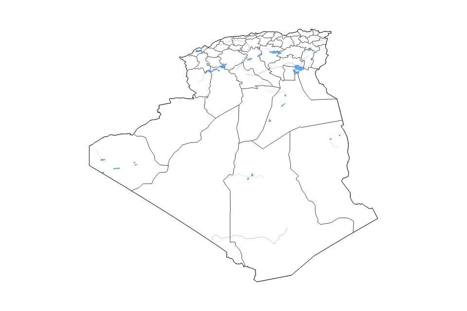 Mapa de Algeria de tipo contorno, subdivisiones, lagos y ríos para África, con contorno, subdivisiones, lagos y ríos con elementos de agua como Chott Melrhir, Chott el Hodna, y Chott Ech Chergui.