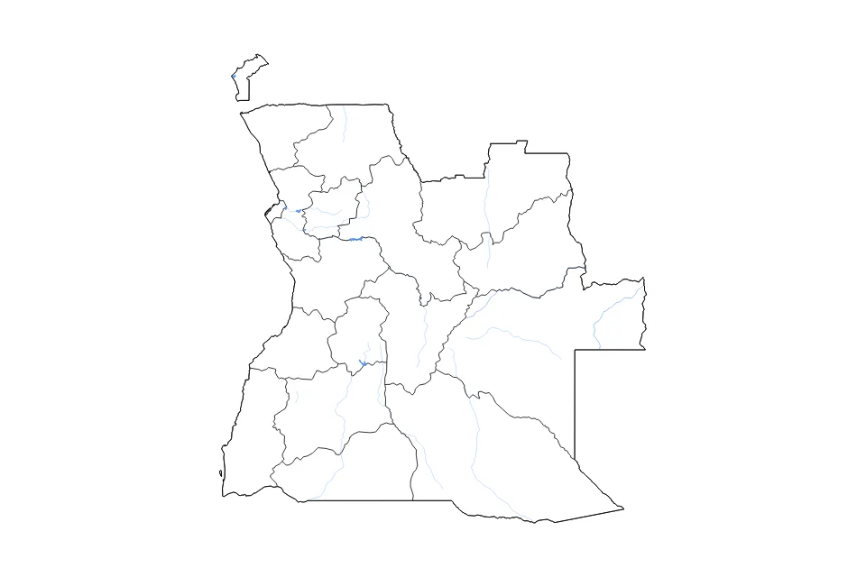 Mapa de Angola de tipo contorno, subdivisiones, lagos y ríos para África, con contorno, subdivisiones, lagos y ríos con elementos de agua como Embalse de Capanda, Lagoa da Barragem do Gove, y Lagoa Zunzulo.