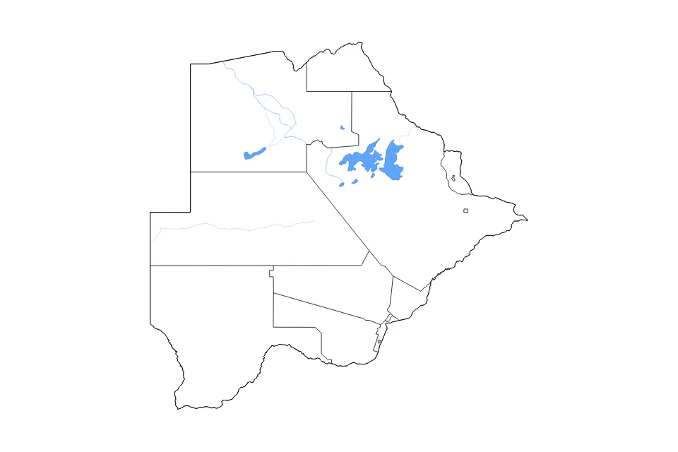 Mapa de Botswana de tipo contorno, subdivisiones, lagos y ríos para África, con contorno, subdivisiones, lagos y ríos con elementos de agua como Ntwetwe Pan, Sua Pan, y Madongo Pan.