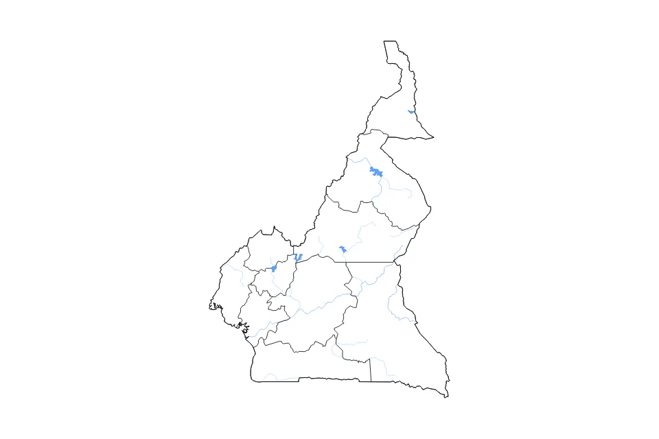 Carte de Cameroon de type contour, subdivisions, lacs et rivières pour Afrique, montrant contour, subdivisions, lacs et rivières avec des éléments hydrographiques comme Lagdo Reservoir, Mapé Reservoir, et Bamendjing Reservoir.