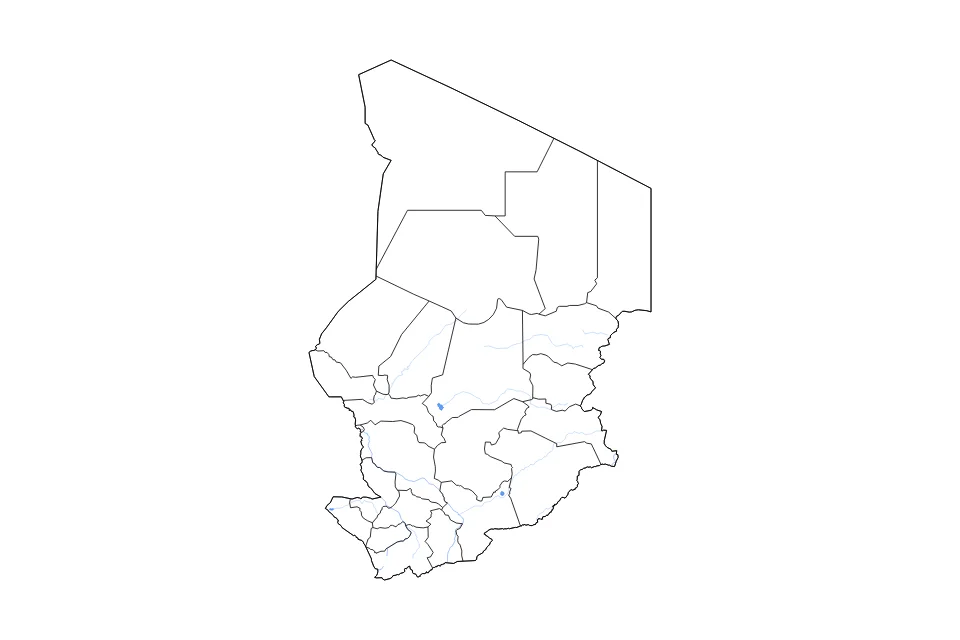 Mapa de Chad de tipo contorno, subdivisiones, lagos y ríos para África, con contorno, subdivisiones, lagos y ríos con elementos de agua como Lac Fitri, Lac Iro, y Pye Lere.