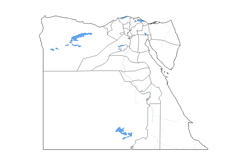 Mapa de Egypt de tipo contorno, subdivisiones, lagos y ríos para África, con contorno, subdivisiones, lagos y ríos con elementos de agua como Qattara Depression, Toshka
Lakes, y Toshka
Lakes.
