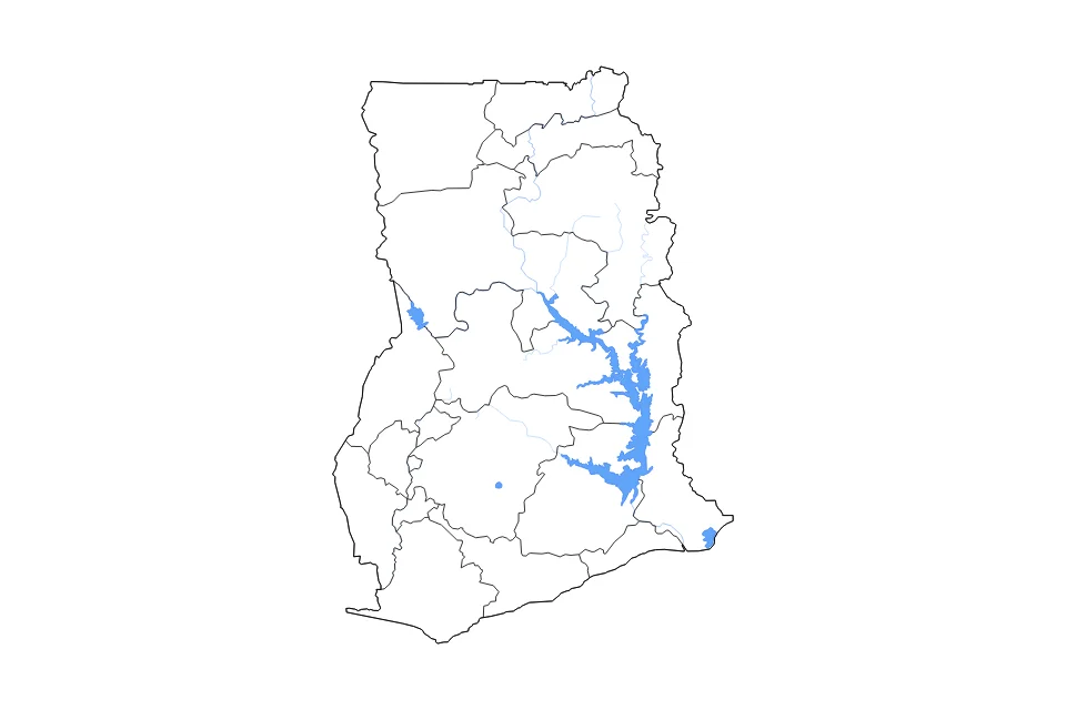 Mapa de Ghana de tipo contorno, subdivisiones, lagos y ríos para África, con contorno, subdivisiones, lagos y ríos con elementos de agua como Bui Reservoir, Keta Lagoon, y Lake Bosumtwi.