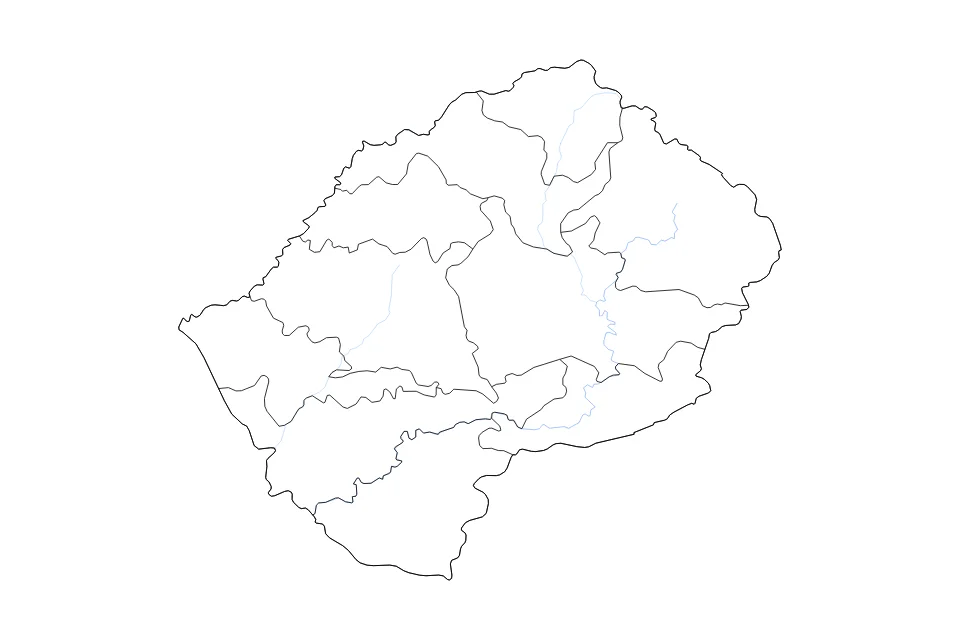 Carte de Lesotho de type contour, subdivisions et rivières pour Afrique, montrant contour, subdivisions et rivières avec des limites nettes.