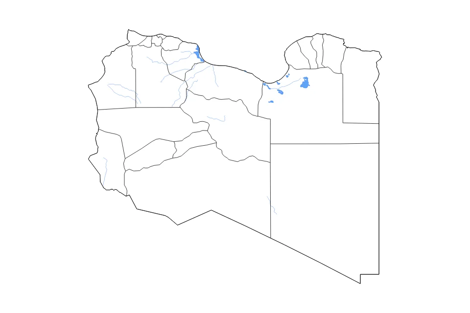 Mapa de Libya de tipo contorno, subdivisiones, lagos y ríos para África, con contorno, subdivisiones, lagos y ríos con elementos de agua como Sabkhat al Qunayym, Sabkhat al Hescia, y Sabkhat Ghuzayyil.