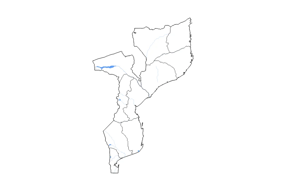 Mapa de Mozambique de tipo contorno, subdivisiones, lagos y ríos para África, con contorno, subdivisiones, lagos y ríos con elementos de agua como Cahora Bassa, Albufeira De Massingir, y Lagoa Poelela.