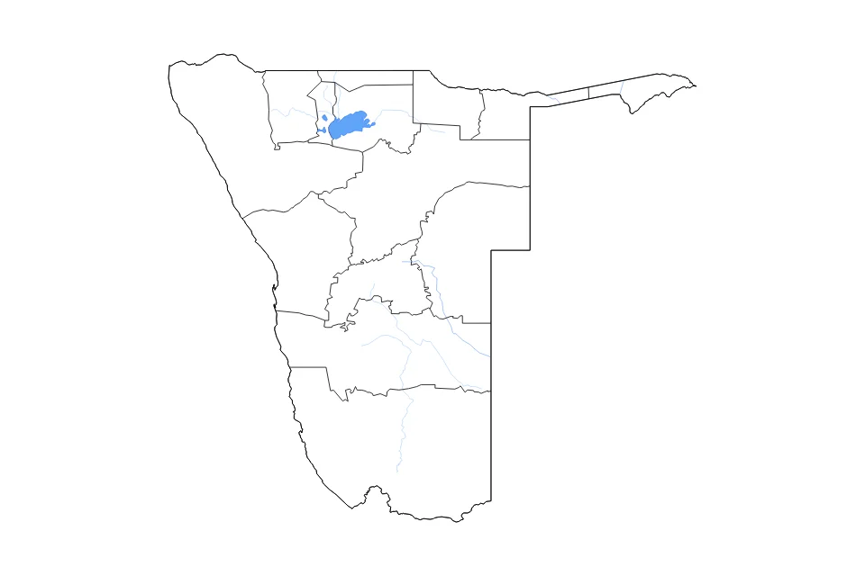Mapa de Namibia de tipo contorno, subdivisiones, lagos y ríos para África, con contorno, subdivisiones, lagos y ríos con elementos de agua como Etosha Pan, Adamax Pan, y Natukanaoka Pan.
