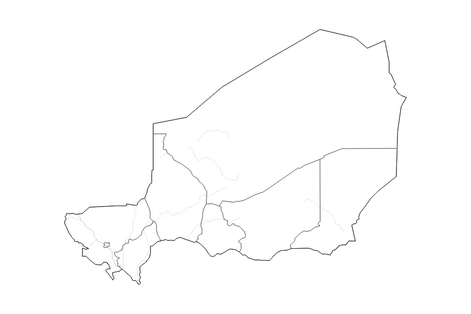 Mapa de Niger de tipo contorno, subdivisiones y ríos para África, con contorno, subdivisiones y ríos con límites limpios.